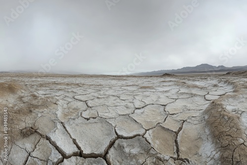 Cracked earth landscape under a hazy sky, showcasing aridity and drought conditions.