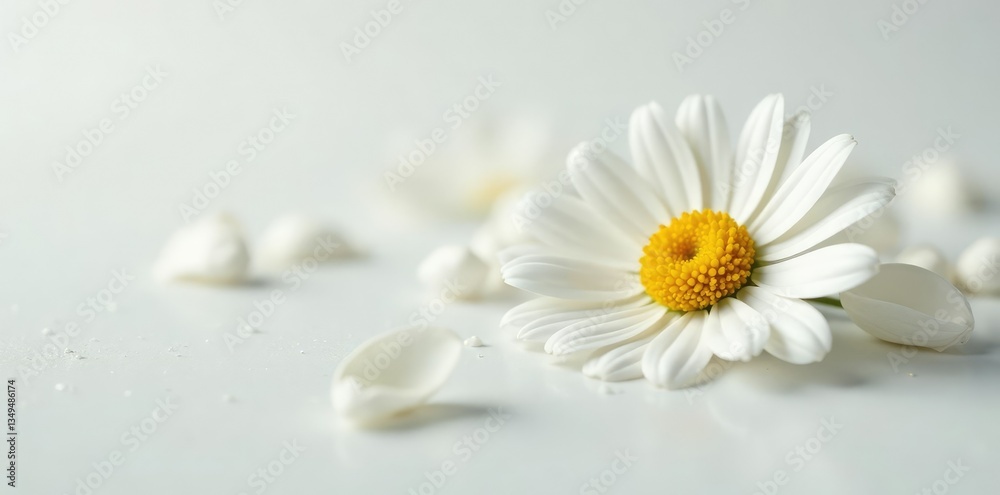 Pure white chamomile petals on a clean surface, bloom, calm Pure white chamomile petals on a clean surface, bloom, calm