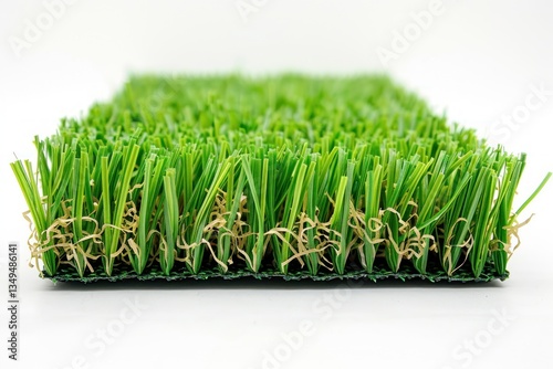 A close-up of a textured artificial grass mat showcasing rough, wiry blades illuminated by soft diffused lighting