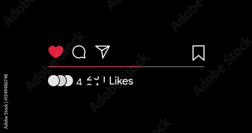 Instagram interaction counter increasing. Likes statistics. Social media post impression growing success rate. Blog engagement tracking. Digital analytics. Alpha channel transparent MOV video overlay.