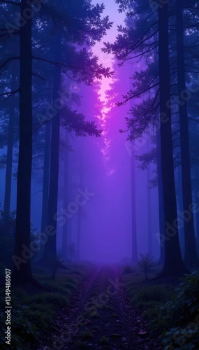 Purple and blue light illuminates a misty forest, with trees towering above, eerie, purple light, misty forest