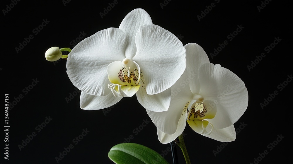 Two elegant white orchids bloom against a stark black background, showcasing their delicate petals and subtle yellow centers Two elegant white orchids bloom against a stark black background, showcasing their delicate petals and subtle yellow centers