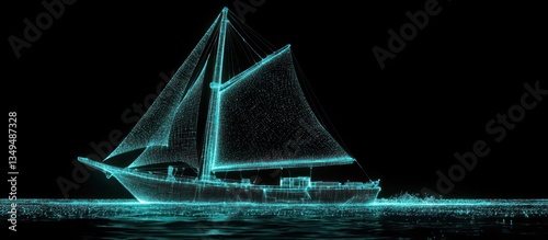 A detailed digital schematic of a sailing vessel on open waters