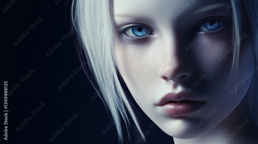 Hyper-realistic portrait of a young woman with ice-blue eyes and silver-white hair Hyper-realistic portrait of a young woman with ice-blue eyes and silver-white hair