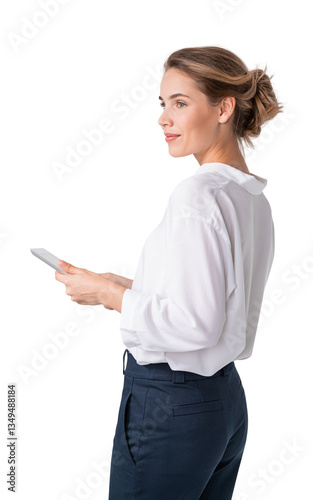 Confident woman in white blouse and dark trousers holding a tablet, isolated on white background. Professional corporate concept