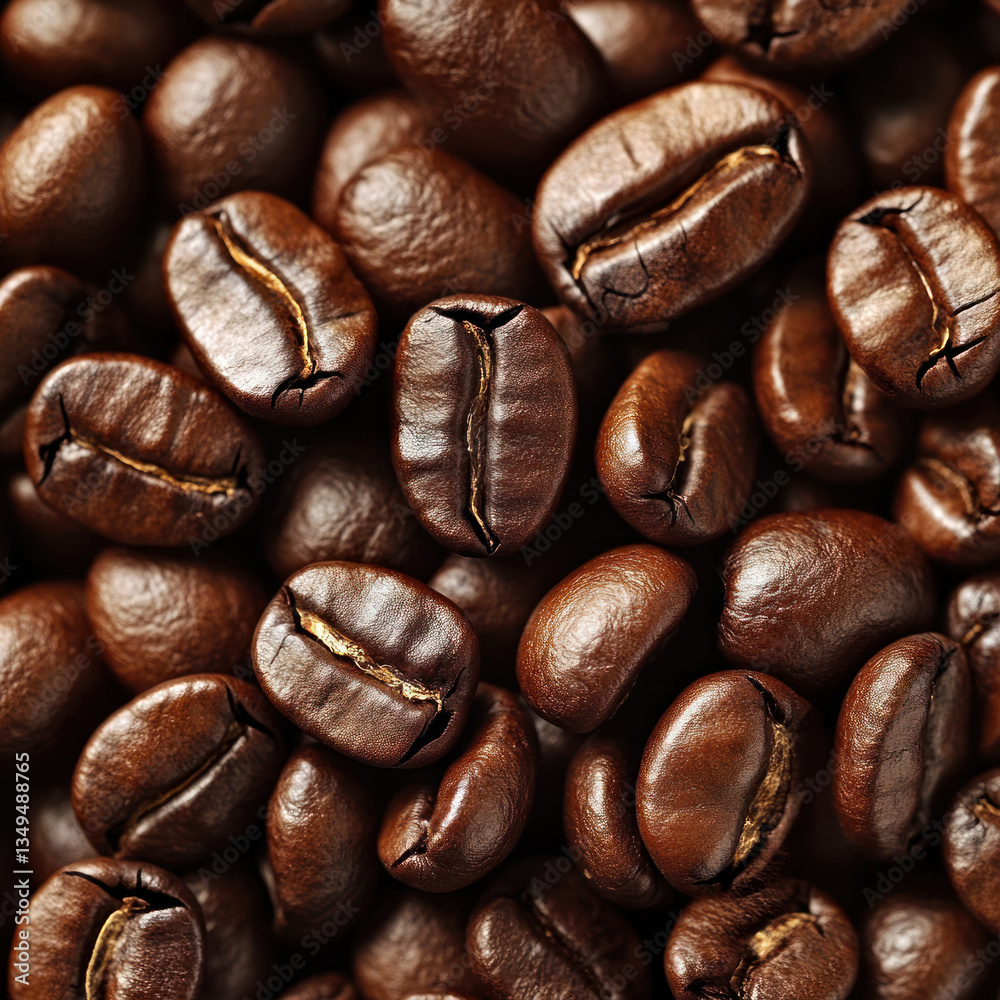Fototapeta premium A close-up view of roasted coffee beans. They are a rich, dark brown color with a glossy sheen, indicating the presence of natural oils released during roasting.