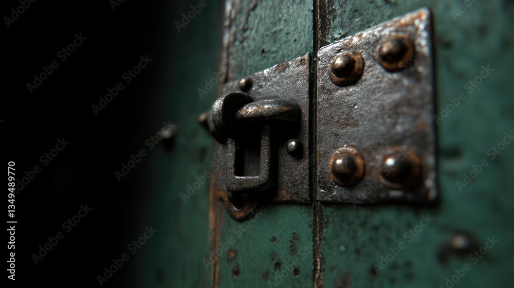 Close-up of an aged, dark teal wooden door latch. A rusty, metal latch secures the aged wooden door Close-up of an aged, dark teal wooden door latch. A rusty, metal latch secures the aged wooden door