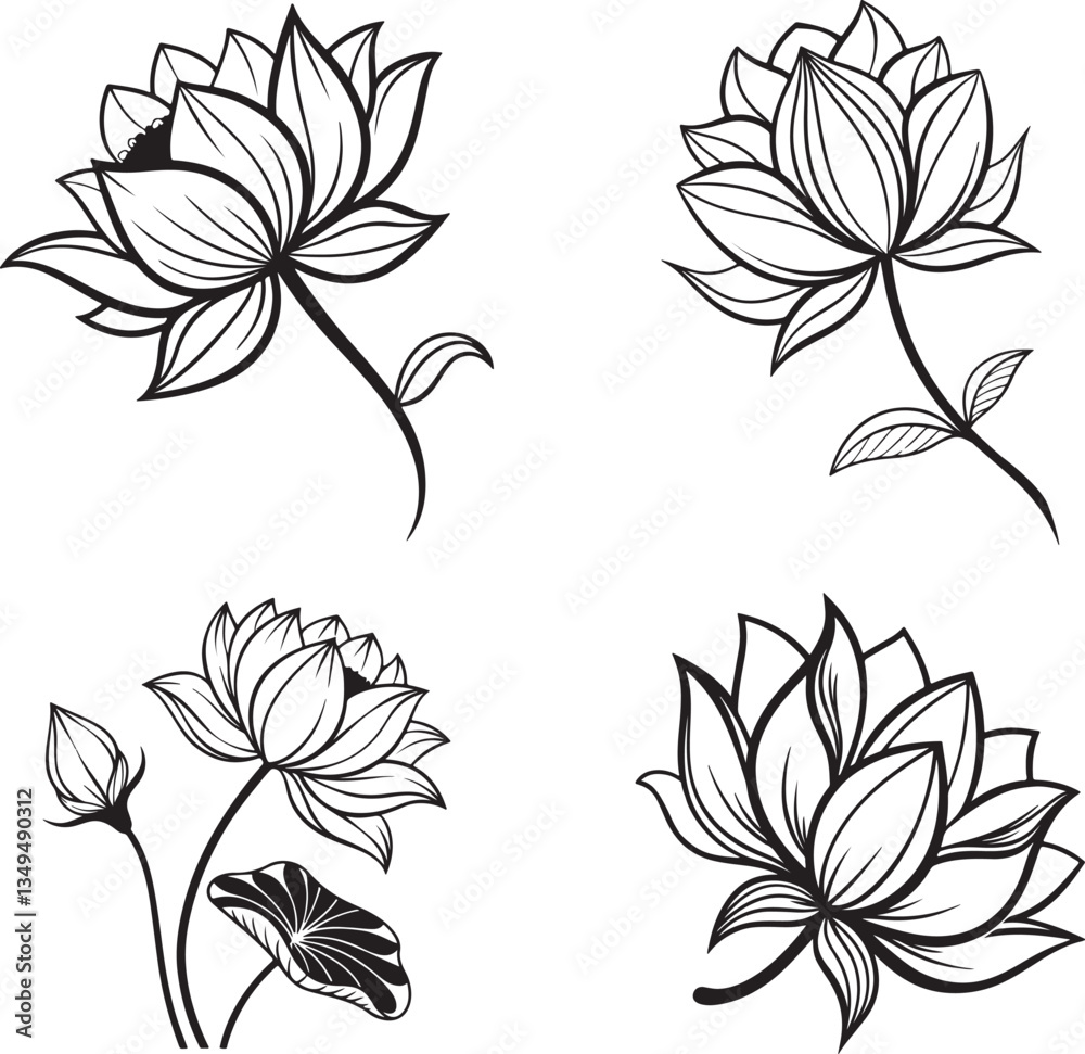 Obraz premium Vector illustration of four black and white lotus flowers accompanied by leaves, forming a logo icon set