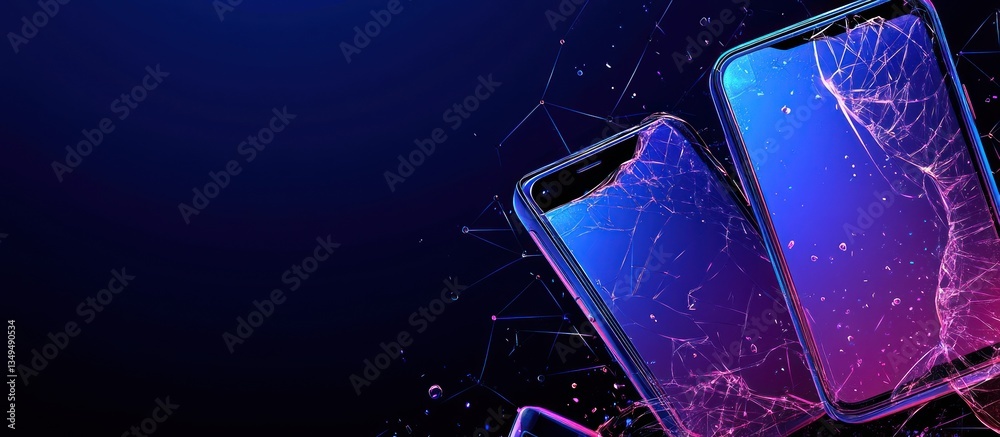 Obraz premium Several broken smartphones are illuminated with blue and purple gradients