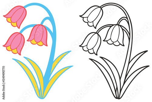 Pretty Pink Flowers Coloring Page Illustration with Blue Stem and Yellow Leaves