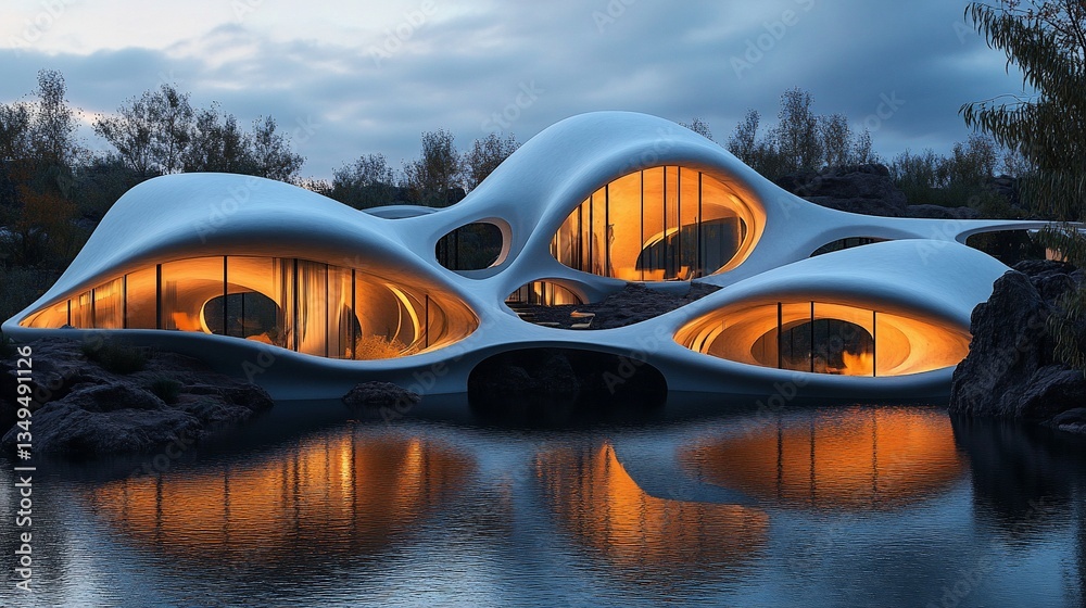 Fototapeta premium Futuristic, organic home design reflecting on calm water at dusk