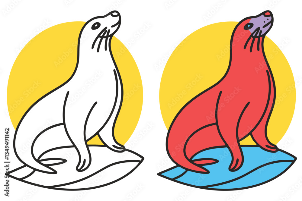 Naklejka premium Adorable Seal Line Art Illustration Two Color Options Yellow Sun Background