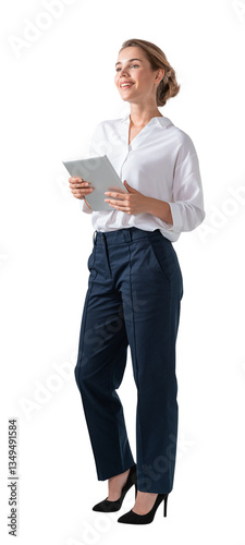 Confident businesswoman in formal attire holding a tablet, smiling, isolated on white background. Professional and modern corporate concept photo