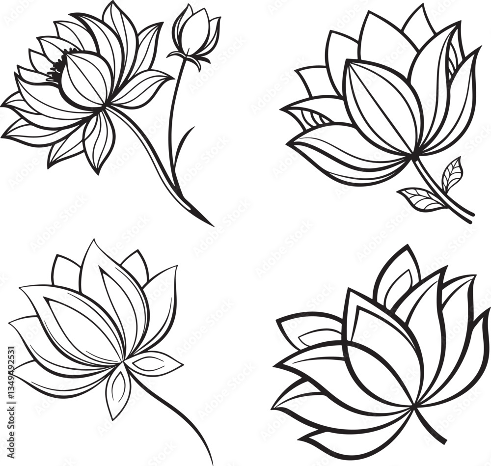 Obraz premium Vector illustration of four black and white lotus flowers accompanied by leaves, forming a logo icon set