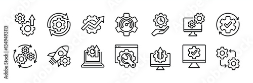 Optimization technology thin line icon set. Containing automated process development, progress, update, upgrade, speed, efficient time, setup, startup, performance, website, operation, machine vector