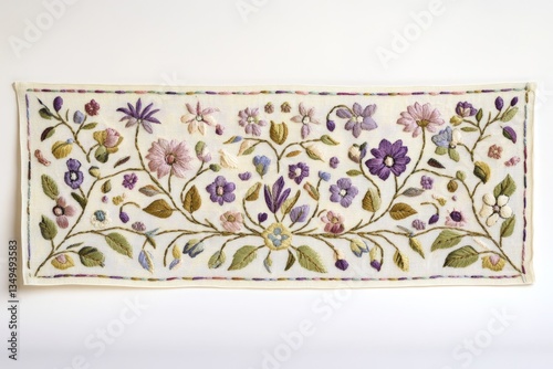 Hand-embroidered floral panel showcasing delicate stitches and pastel colors, creating a vintage aesthetic.