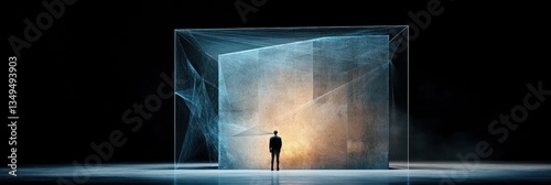 A lone figure stands before a luminous, translucent cube, set against a stark, dark background.  The scene evokes mystery and contemplation