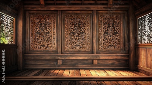 Carved wooden pavilion interior, sunlight, intricate design