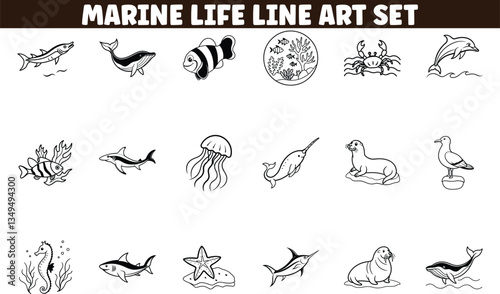 Marine Life Line Art Set Ocean Animals, Fish, and Sea Creatures