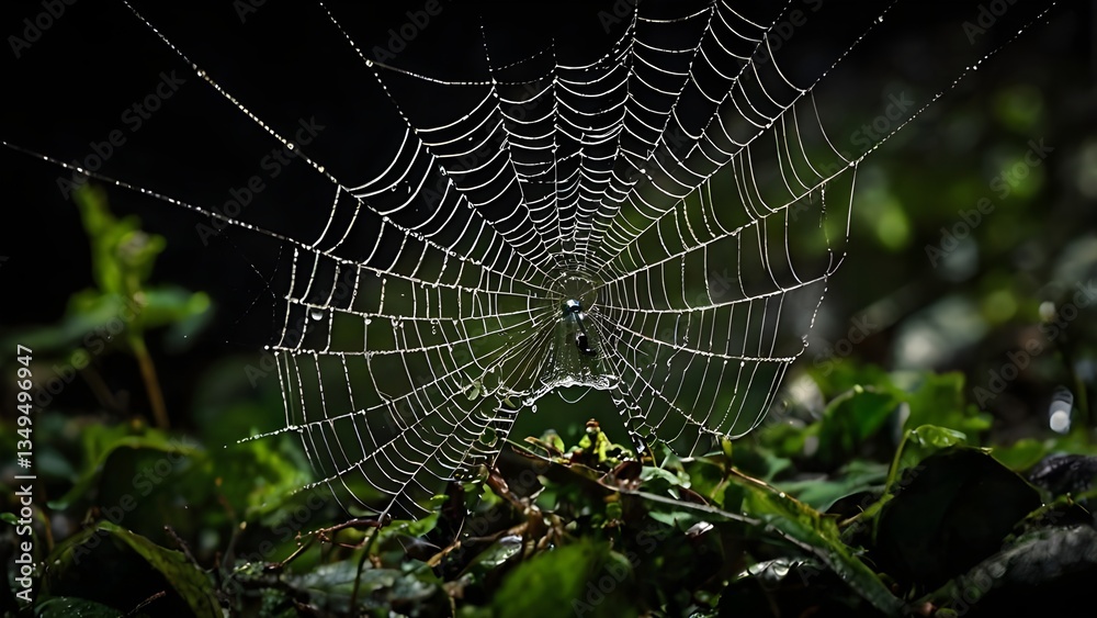 Close-up of a spider weaving a web with dew drops glistening in morning light.