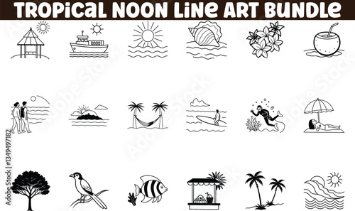 Tropical Noon Line Art Bundle Beach, Sun, Vacation, Summer