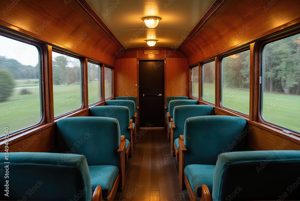 Fototapeta premium Vintage Train Car Interior with Teal Seats and Wooden Paneling