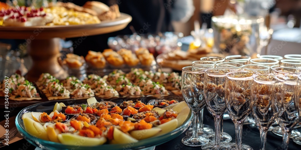 Fototapeta premium A display of delectable pastries and fruits on a buffet table.