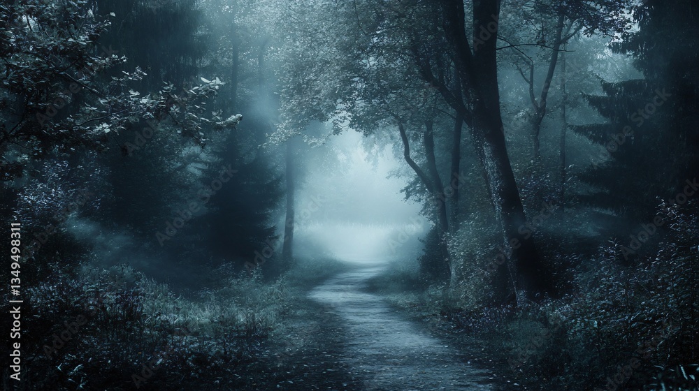 Naklejka premium Enchanting Misty Forest Pathway in the Dark