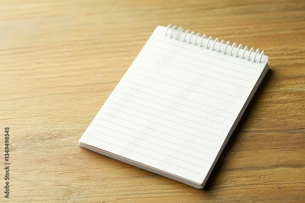 A white lined notepad rests on a wooden surface providing space A white lined notepad rests on a wooden surface providing space