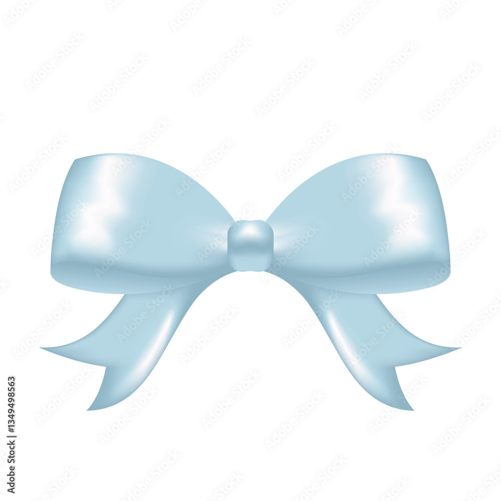 Delicate blue satin bow in realistic style isolated on white background for gift wrapping, congratulations, gender party. Delicate blue satin bow in realistic style isolated on white background for gift wrapping, congratulations, gender party.