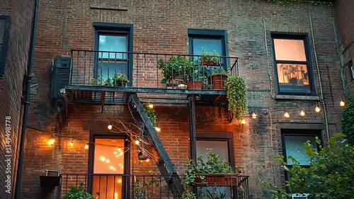 Cozy urban apartment balcony adorned with plants and warm lights during twilight