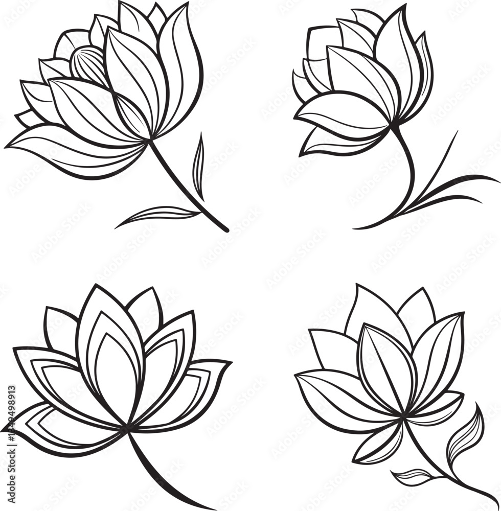 Vector illustration of four black and white lotus flowers accompanied by leaves, forming a logo icon set