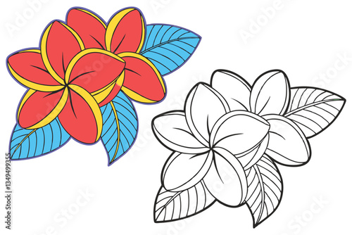 Vibrant Red and Yellow Plumeria Flowers with Blue Leaves and a Coloring Page Outline