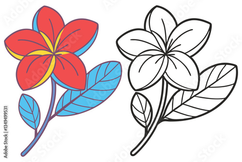 Beautiful Plumeria Flower Illustration with Coloring Page Red and Yellow Flower with Blue Leaves