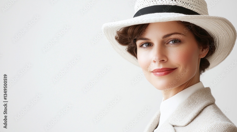 Woman in 1920s hat, studio portrait, light background Woman in 1920s hat, studio portrait, light background