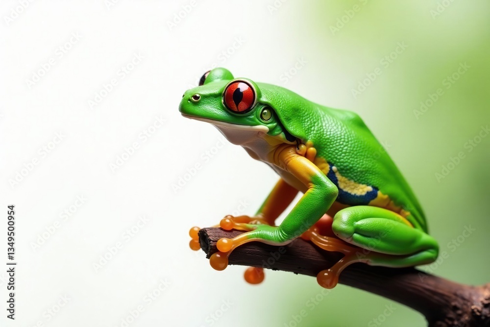 Fototapeta premium Green tree frog perched on white, vibrant color , vibrant, perched, frog