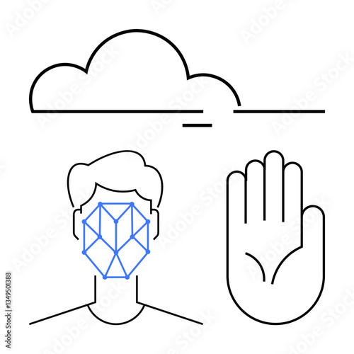 Cloud, human face with geometric recognition lines, raised hand for biometrics. Ideal for security, technology, identity, AI, data privacy cloud computing digital safety. Flat simple metaphor