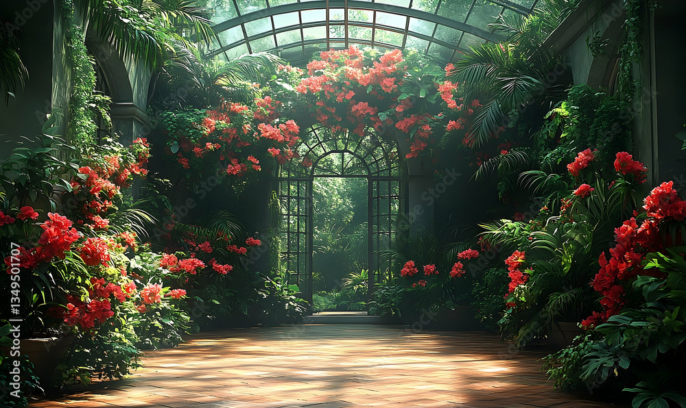 Obraz premium Sunlit conservatory path, vibrant red flowers, lush greenery, arched gateway to tranquil garden