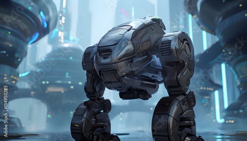 Precision-Engineered Autonomous Security Bot With Carbon Fiber In Cyberpunk Cityscape
