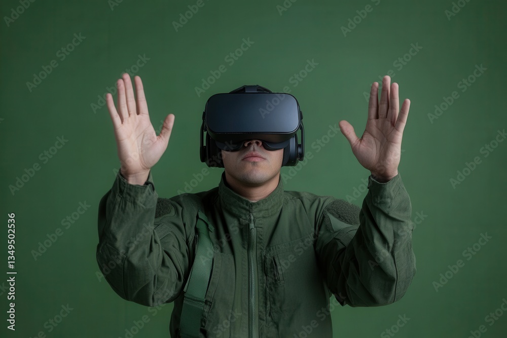 Person in Military Gear Experiencing Virtual Reality Technology Person in Military Gear Experiencing Virtual Reality Technology
