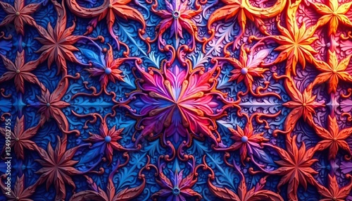 Intricate tessellation of repeating geometric shapes in vibrant hues, repeat, angle