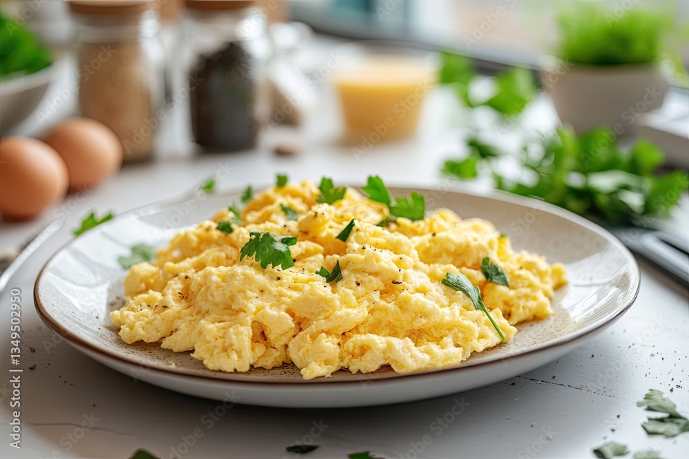 Scrambled eggs on a plate, garnished with parsley