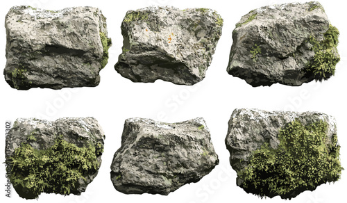 Mossy stone vector backgrounds, transparent cut out PNG file, realistic nature rock texture, isolated moss-covered stone, decorative element, green stone surface, 3D rock clipart