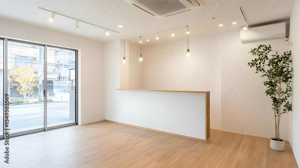 Modern Interior Empty Room With White Walls Wooden Floor And Large Window Showing Green Foliage Modern Interior Empty Room With White Walls Wooden Floor And Large Window Showing Green Foliage