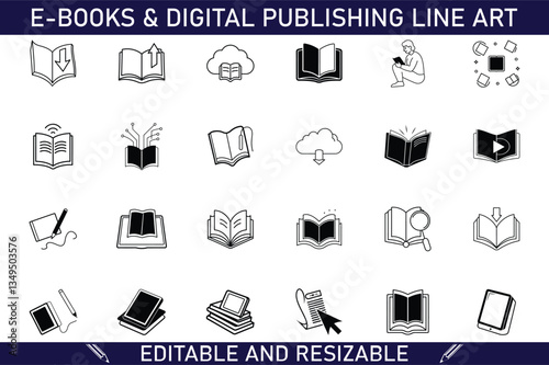 Ebooks, Digital Publishing, Line Art Icons, Editable, Resizable, Books, Reading, Cloud, Download, Up