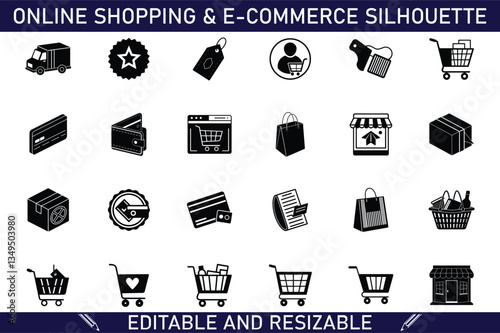 Ecommerce, Online Shopping, Silhouette Icons, Retail, Delivery, Cart, Payment, Shopping Bag, Store, 