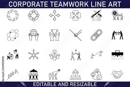 Corporate Teamwork Line Art Icons Editable, Resizable, Collaboration Graphics