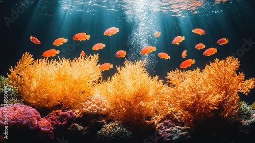 Vibrant coral reef with orange fish illuminated by sunbeams photo