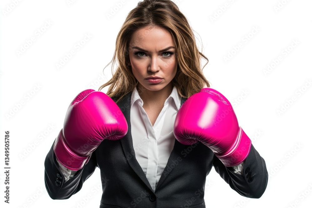 A businesswoman wearing pink boxing gloves, ready to fight, shows determination and power in the corporate world. A businesswoman wearing pink boxing gloves, ready to fight, shows determination and power in the corporate world.