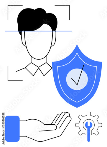 Head scan with facial recognition overlay, security shield with checkmark, hand offering support, gear with wrench. Ideal for identity protection, security, biometric access, data privacy, support